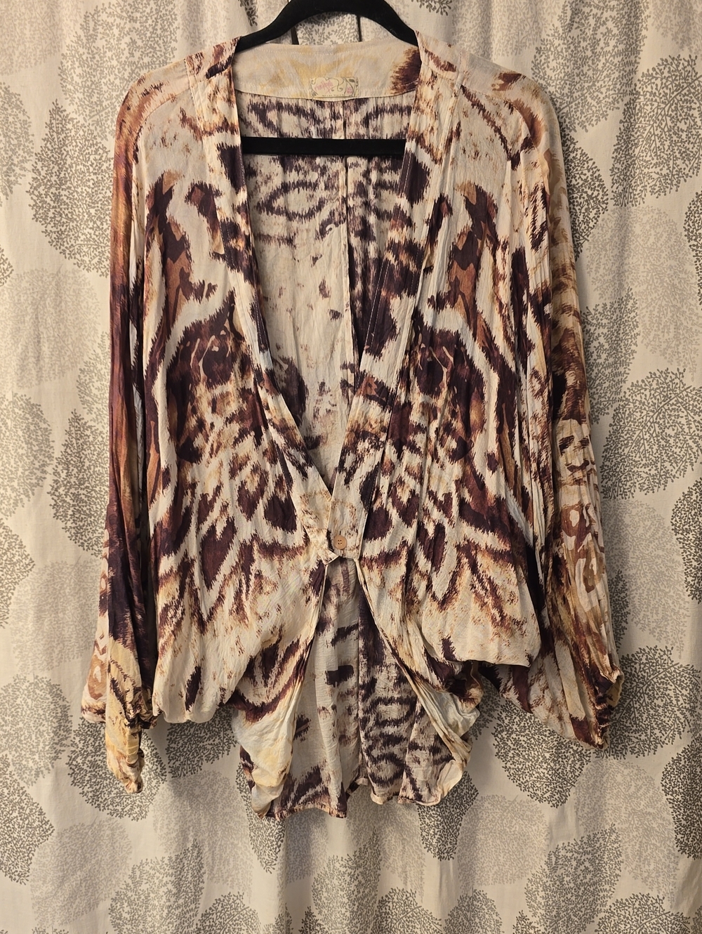 Free People Cream And Purple Patterned Drape Jacket